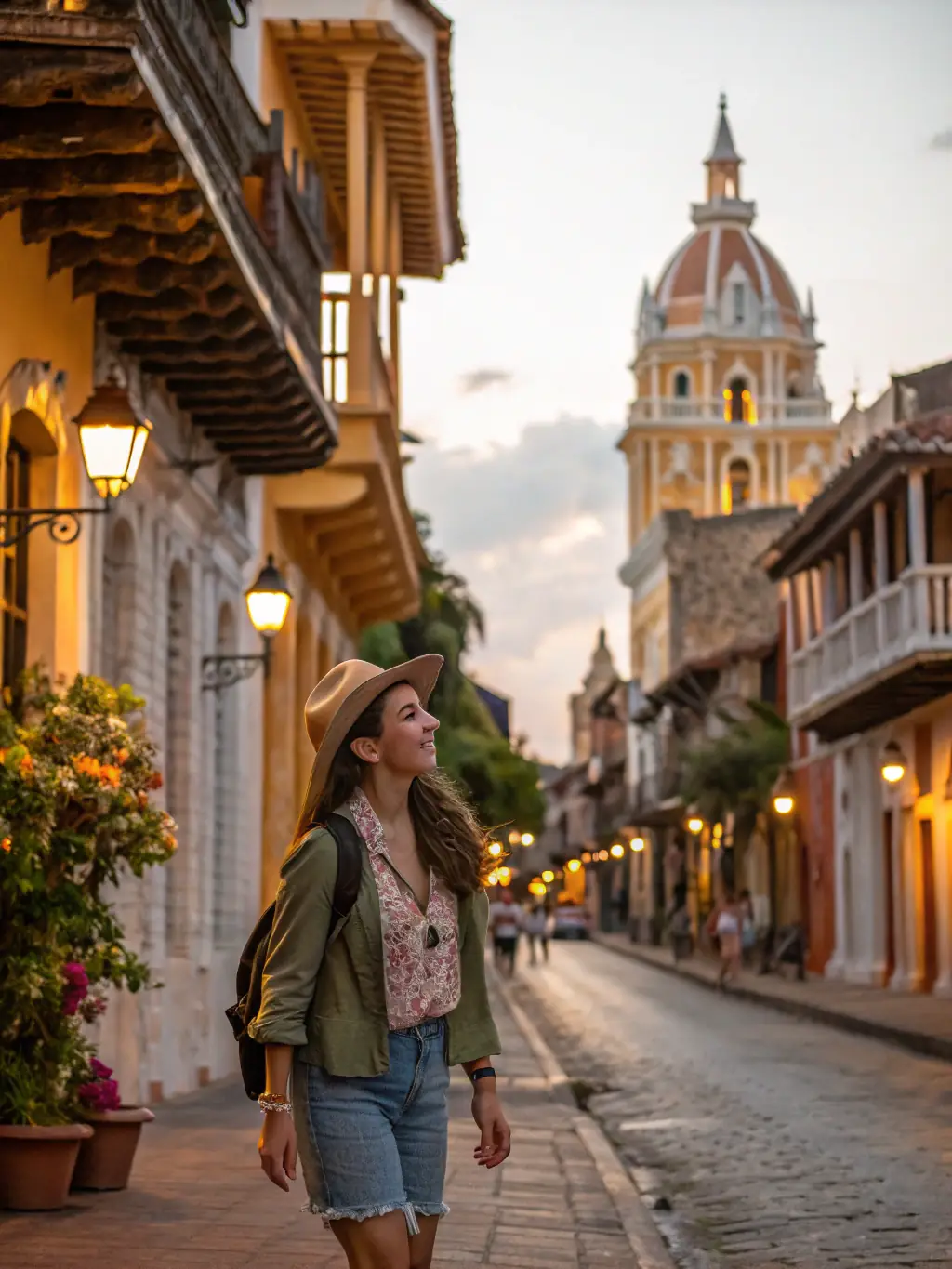 A foreigner confidently navigating the streets of a Colombian city, knowing they have a safety net in place with their health insurance.
