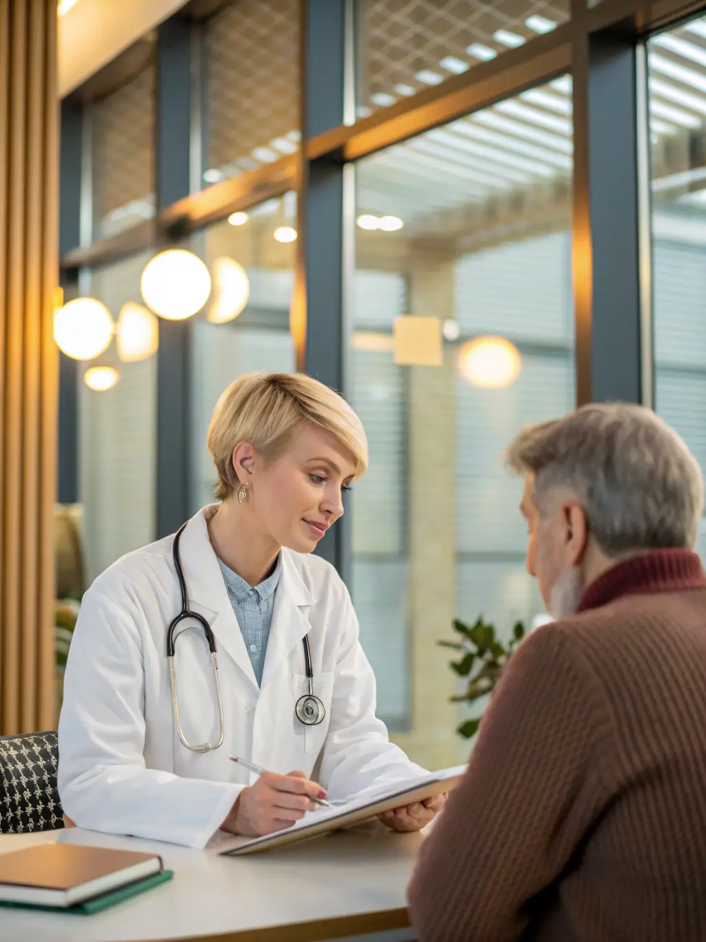 A professional doctor in a modern clinic in Colombia, warmly greeting a foreign patient, emphasizing the accessibility of quality healthcare.